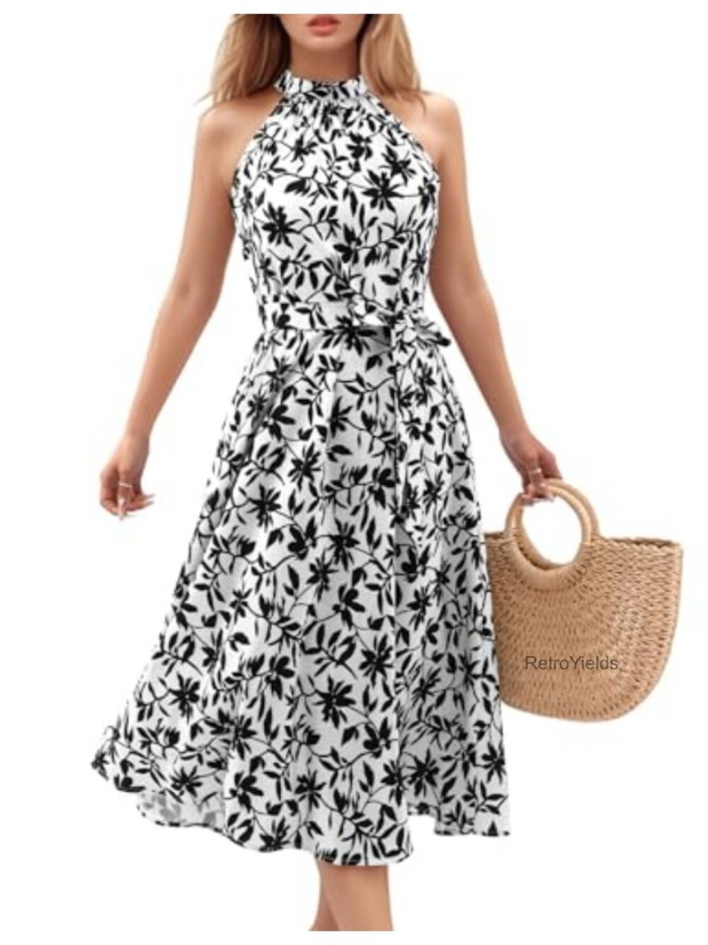 Women Floral Halter Midi Dress 100% Polyester Smocked Summer Beach Sundress